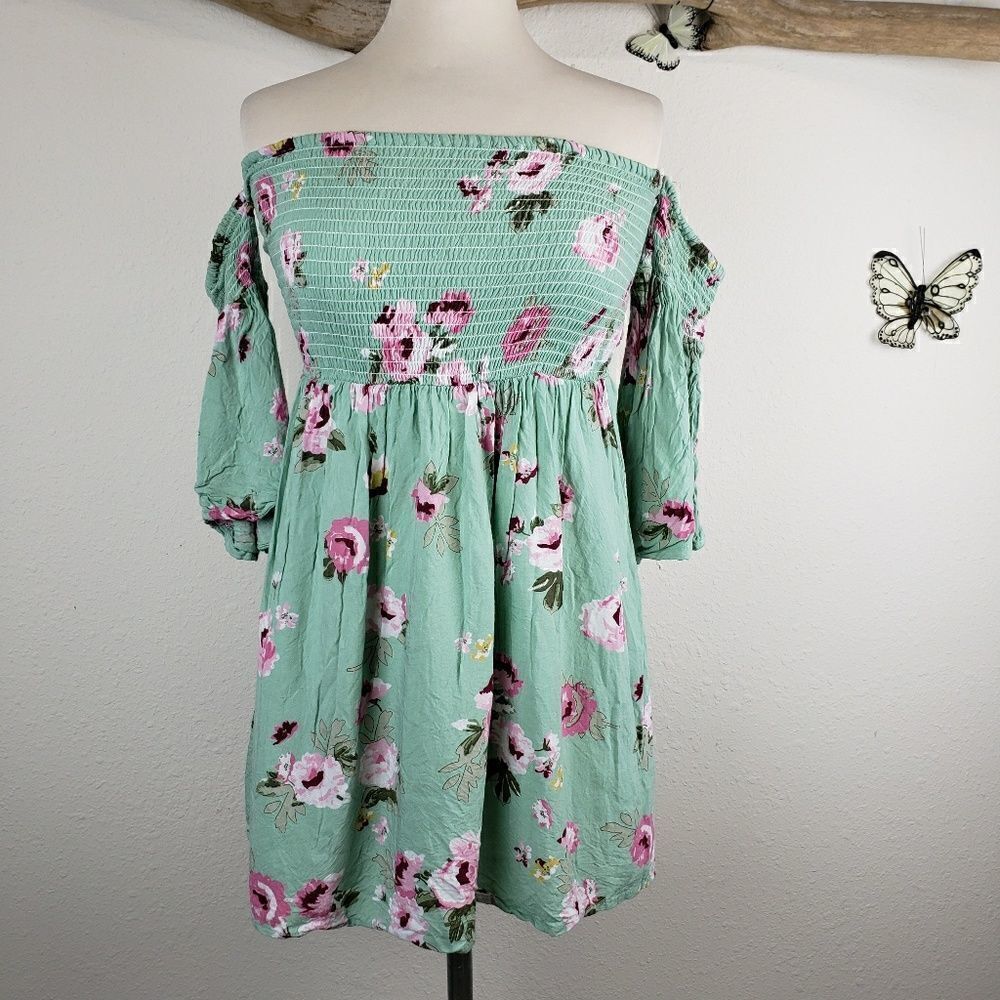 Feathers green floral off the shoulder top